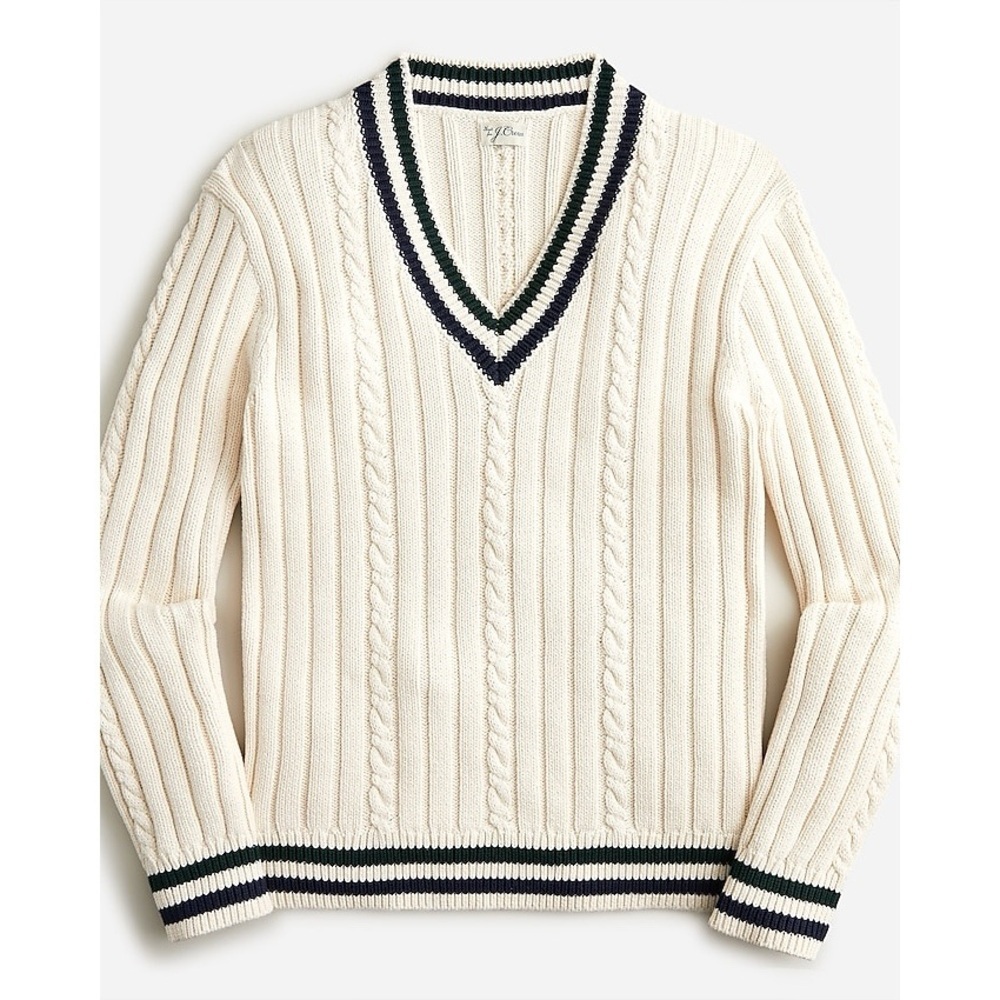 J. Crew Cream Cable-Knit V-Neck Sweater with Navy & Forest Stripes